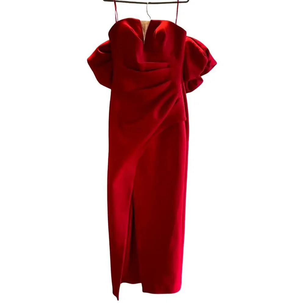 Jovani Red Dress Size 14 XL Puff Sleeve Lucky Gown Black Tie Formal Slit NWT - Picture 2 of 11
